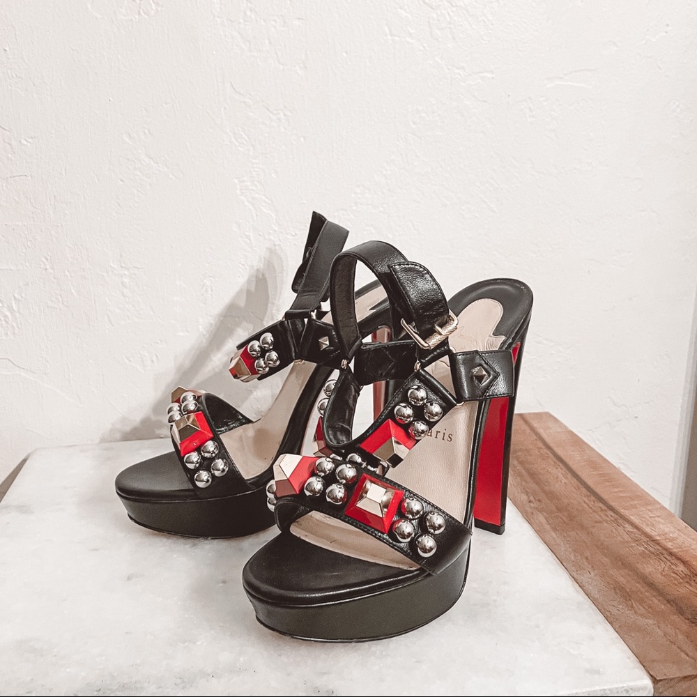 CHRISTIAN LOUBOUTIN Pyrabubble Studded Platform Ankle Strap Heels EU 37.5